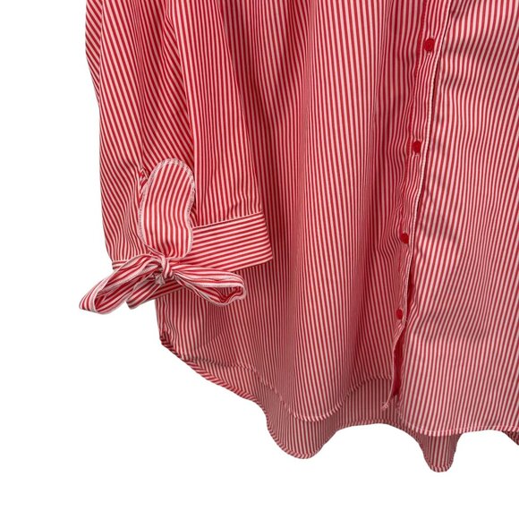Est. Red White Striped Button-Up Blouse 3/4 Sleeve Bow Collar Plus Size 26W 28W - Picture 2 of 7